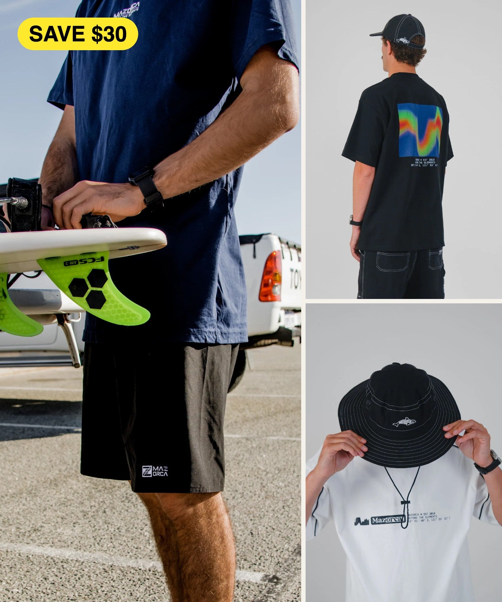 Blackout Kit – Quad Stretch boardshorts, Sonar tee and black hemp bucket hat